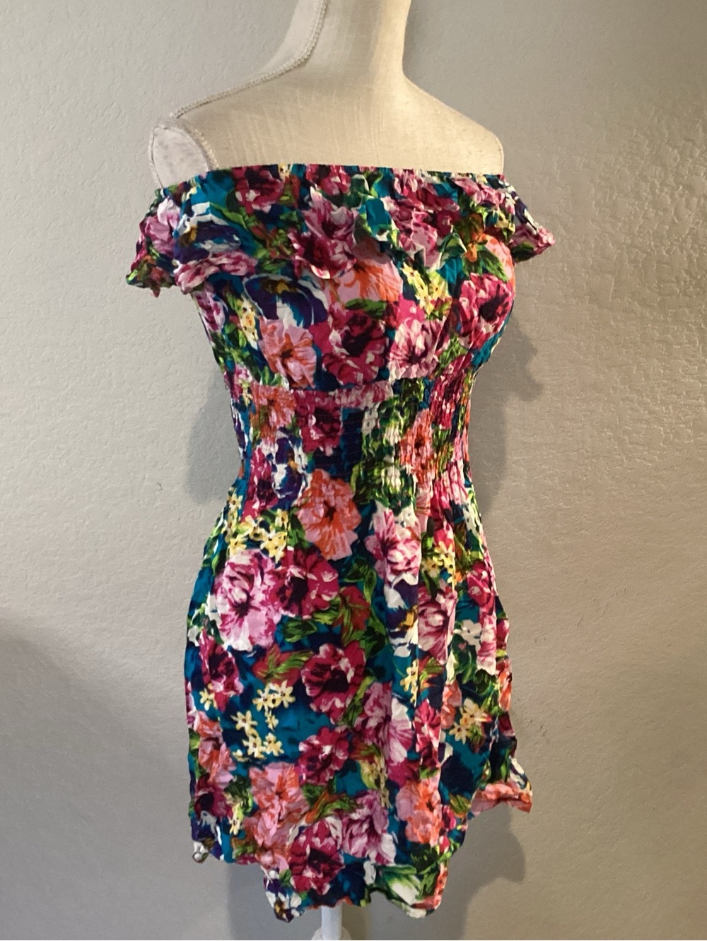 Floral Off-Shoulder Smocked Mini Dress - Pink Multi